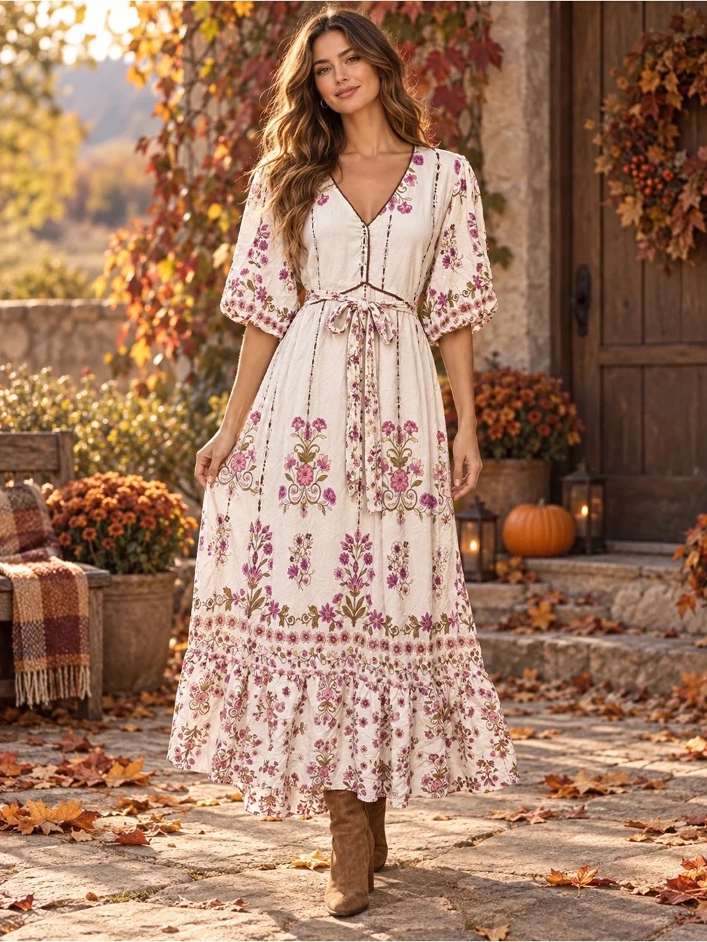 Women’s Ivory Pink Floral Boho Puff-Sleeve Maxi Dress Large